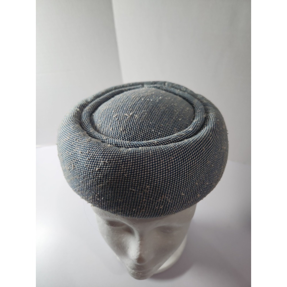 Vintage Blue Woven Pillbox Hat Magenta Satin Lining Textured Mid-Century Style